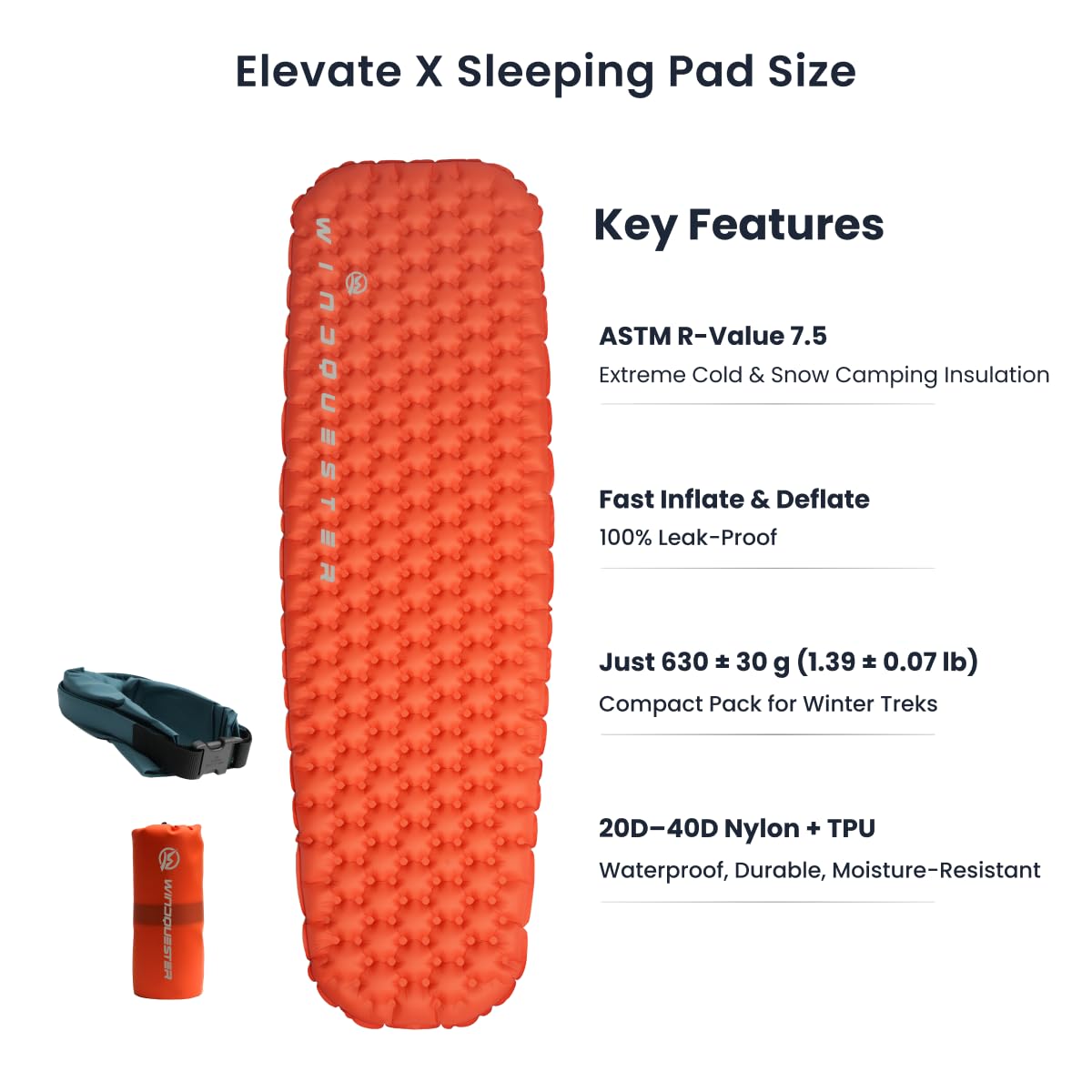 WINDQUESTER Elevate X Inflatable Sleeping Pad – 4-Season Lightweight Camping Mattress, ASTM R-Value 7.5, Durable Waterproof Nylon, Compact Backpacking Sleeping Mat for Winter Trekking & Extreme Cold