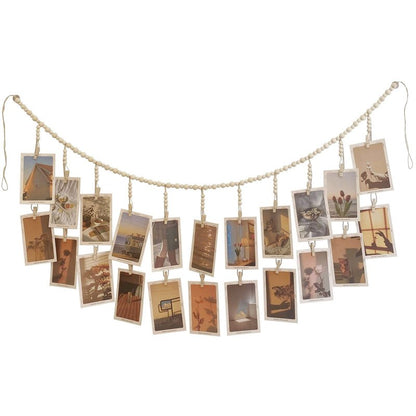 Kintyno Hanging Photo Display with 22 Clips, Wooden Bead Garland, Boho Style Collage Photo Frame Decoration for Dorms, Classrooms, Bedrooms