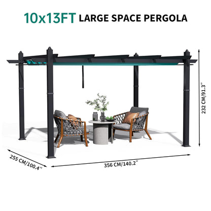 Aluminum Pergola with Retractable Canopy, 10x13 ft Sun Shade, Rust-Resistant Outdoor Pavilion for Patio, Backyard, Deck, Poolside, Waterproof, Grape Trellis, Blue with Curtains and Mosquito Netting