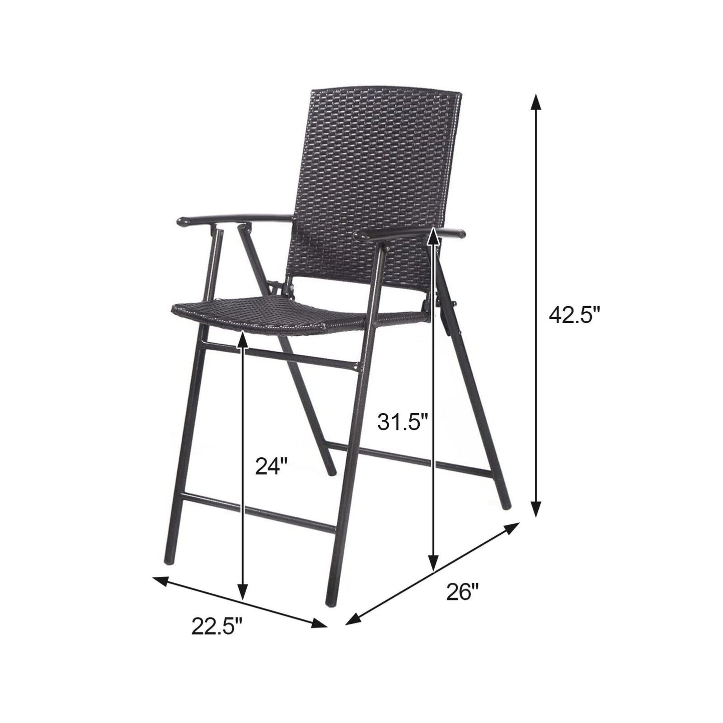 Giantex Set of 4 Folding Wicker Rattan Bar Chairs High Stool with Back Steel Frame Portable Outdoor Indoor UV Resistant Barstools Garden Patio Furniture Set w/Armrests Footrest