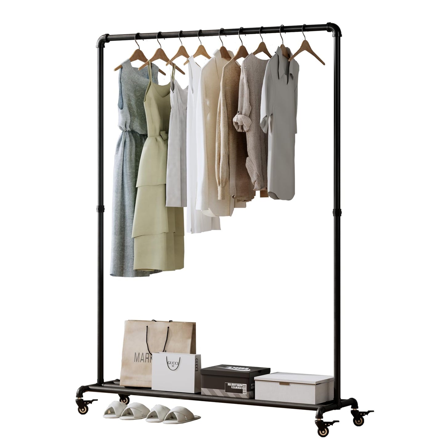 BUZUEY Industrial Pipe Clothing Rack with Wheels,Rolling Garment Rack with Bottom Shelf, Sturdy Metal Clothes Rack for Hanging Clothes Heavy Duty,Black Mobile Wardrobe Rack for Bedroom & Boutique