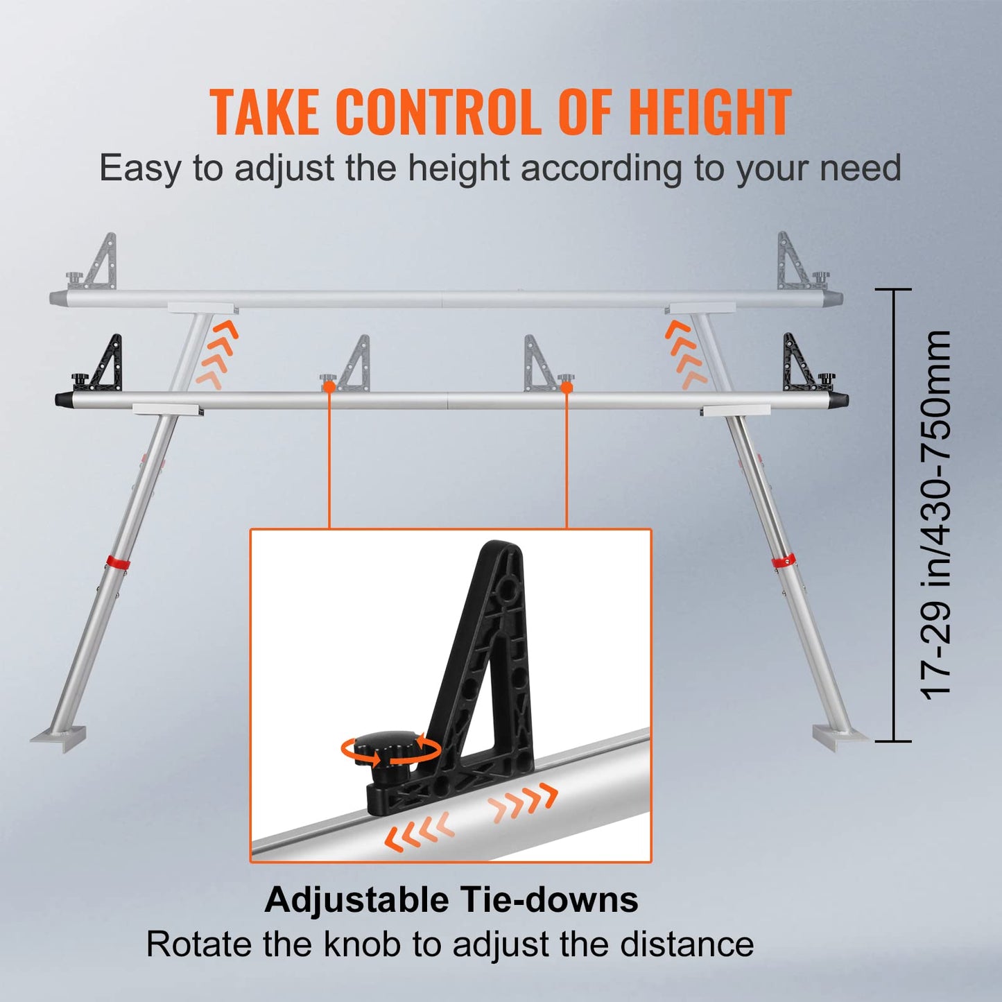 VEVOR Truck Rack with 8 Non-Drilling C-Clamps, 19-34in Adjustable Height Aluminum Ladder Rack for Truck, 800 lbs Capacity Heavy Duty Truck Bed Rack Two-Bar Set for Kayak, Surfboard, Lumber, Ladder