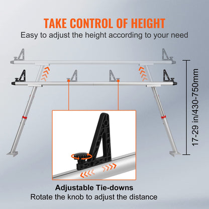 VEVOR Truck Rack with 8 Non-Drilling C-Clamps, 19-34in Adjustable Height Aluminum Ladder Rack for Truck, 800 lbs Capacity Heavy Duty Truck Bed Rack Two-Bar Set for Kayak, Surfboard, Lumber, Ladder
