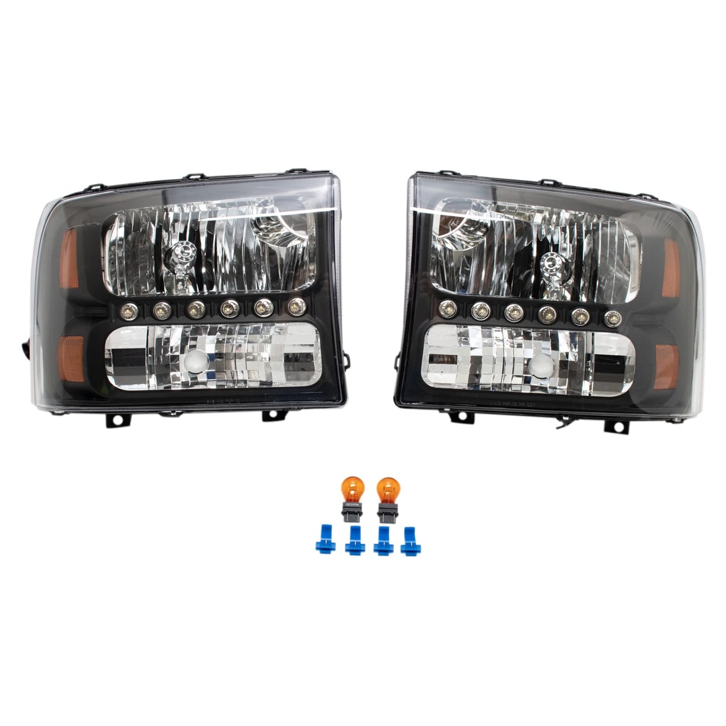 TRQ 2 Piece Headlight Assembly Set Performance LED Daytime Running Lights Black Bezel Driver & Passenger Side Compatible with Ford Excursion 2000-2004 F250 F350 1999-2004 F450 F550 1999-2003