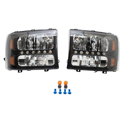 TRQ 2 Piece Headlight Assembly Set Performance LED Daytime Running Lights Black Bezel Driver & Passenger Side Compatible with Ford Excursion 2000-2004 F250 F350 1999-2004 F450 F550 1999-2003