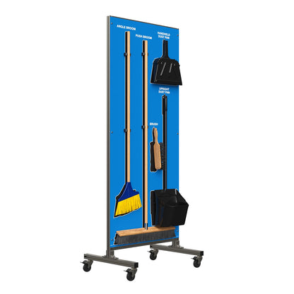 Clean & Sweep 5S Shadow Board/Mobile Cart Broom Holder, 68" x 30" Board, 5S Cleaning Station - with Broom and Dustpan Set Included, Made in The USA by AccuformNMC, Blue/Black, PSX616BUBK