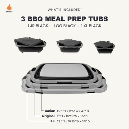 Drip EZ Collapsible BBQ Prep Tubs 3-Piece Set- For Meal Prep Marinating Food Storage - Includes Cutting Board & Lid - (1) JR + (1) OG + (1) XL - Black