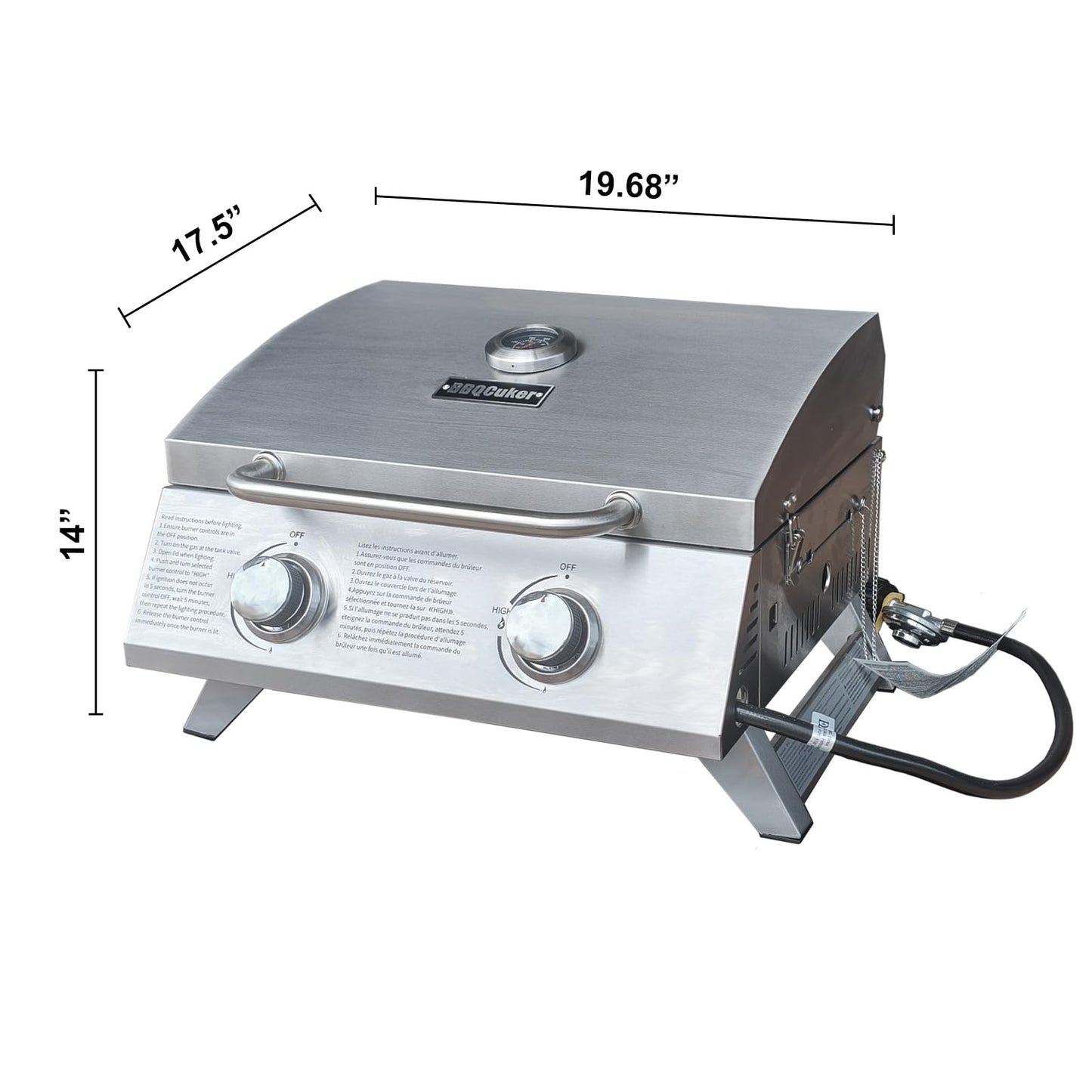 BBQCuker Small Tabletop Gas Grill 2-Burner, Portable Propane Gas Grill with Foldable Legs for Outdoor Camping Cooking Two 10,000 BTU Burners Stainless Steel,Built-in Thermometer