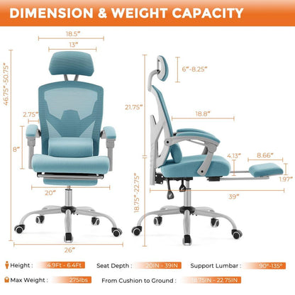 Ergonomic Office Computer Desk Chair with Lumbar Pillow and Retractable Footrest, High-Back Mesh Rolling Swivel Armchairs for Home, Gaming, Student, Blue