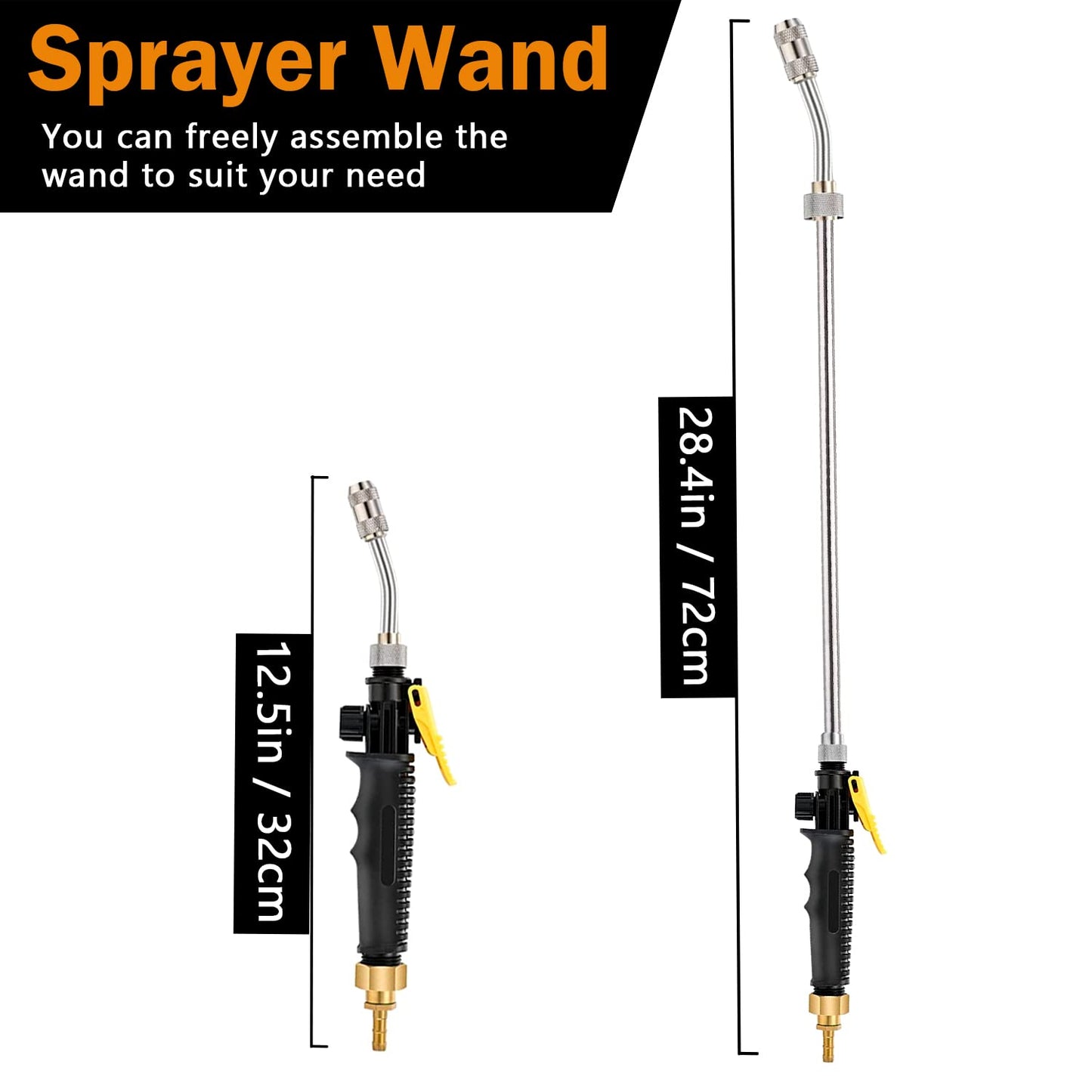 Ramarmro 29" Sprayer Wand, 2 Brass Barbs Match 3/8'' & 1/4" Hoses, Adjustable Stainless Steel Replacement Garden Sprayer Wand with Built-in Shut-Off Valve, w/ 2 Hose Clamps & Connects Yellow