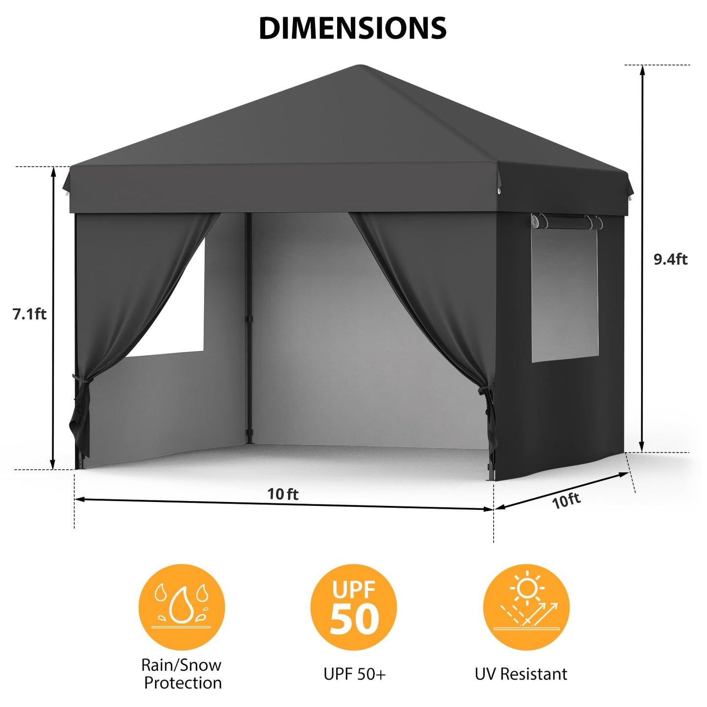 GarveeTech 10x10 Pop Up Canopy with 4 Removable Sidewalls and Windows, 3 Adjustable Heights Commercial Shelter, Portable Enclosed Instant Tent with Wheeled Carry Bag, Waterproof Outdoor Gazebo, Black