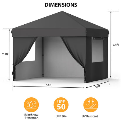 GarveeTech 10x10 Pop Up Canopy with 4 Removable Sidewalls and Windows, 3 Adjustable Heights Commercial Shelter, Portable Enclosed Instant Tent with Wheeled Carry Bag, Waterproof Outdoor Gazebo, Black