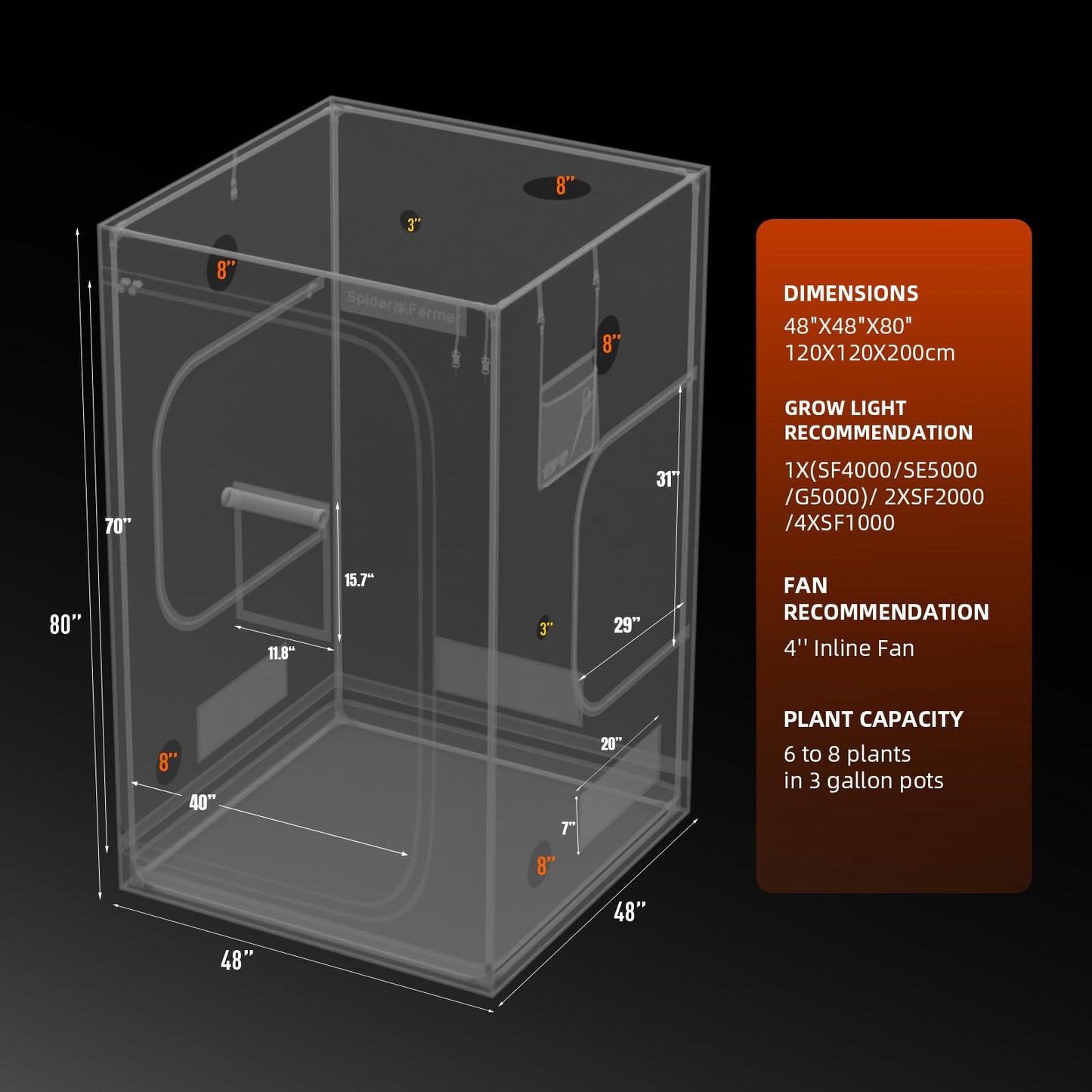 Spider Farmer 4x4 Grow Tent, 48"x48"x80", with Hook for Controller, Enlarged View Window, 1680D Thicken Mylar Canvas, Removable Floor Tray for Indoor Hydroponic Growing for SF4000, SE5000, G5000