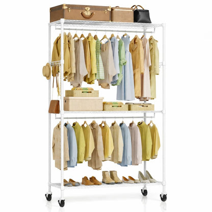 Simple Deluxe Rolling Clothes Rack, Heavy Duty Clothing Rack, 3-Shelf Portable Adjustable Wardrobe Closet with Wheels, Hanging Rods & Side Hooks, 43.3" W x 17.7" D x 80.3" H, White