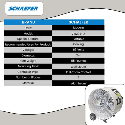 Schaefer VKM24-O 24" Versa-Kool Mobile Spot Cooler Fan, 1/2 HP, 1-Speed, OSHA Guards, White. Industrial Floor Fan for Warehouse, Shop, Commercial
