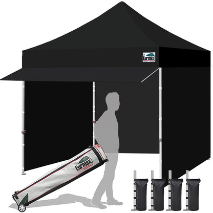 Eurmax USA 10x10 Pop Up Canopy,Commercial Tent with Patented No-Tip Rolling Bag,30sqft Extension Awning & 4 Zippered Removable Walls,UV & Water Resistant,Heavy Duty Instant Shelter Gazebo,Black