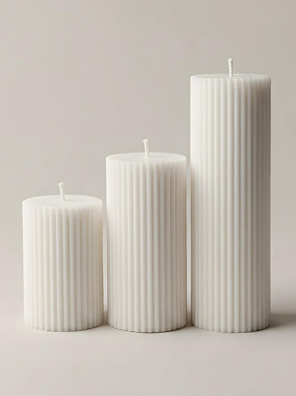 LAWA Roman Handmade Tall Ribbed Pillar Candle - Beautiful Scented Soy Wax Stripped Dinner Candle | Classic Aesthetic Decoration Set | Housewarming Gift | Home Room Shelf Decor Idea - White (Set of 3)