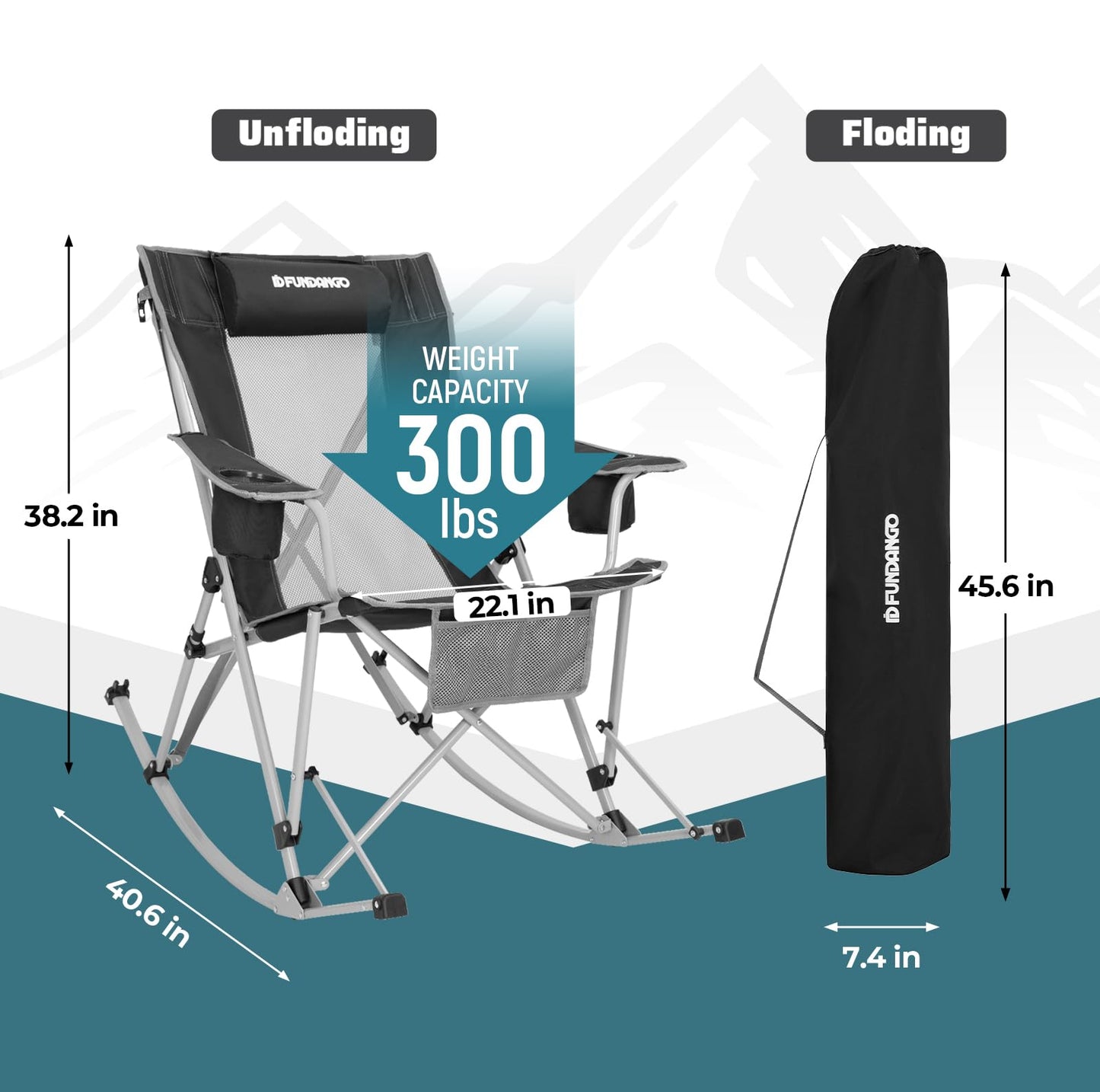 FUNDANGO Rocking Camping Chair, High Mesh Back Portable Folding Camp Chairs with Pillows, Cup Holder and Carry Bag for Lawn Patio Garden Outdoor Supports 300 Lbs (Black/Grey)