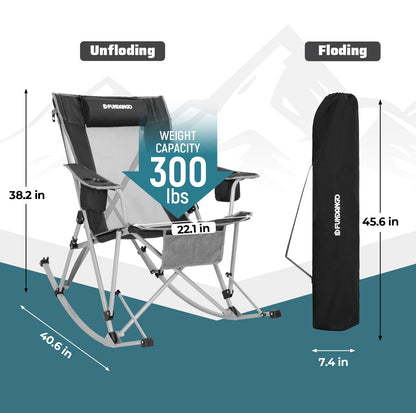 FUNDANGO Rocking Camping Chair, High Mesh Back Portable Folding Camp Chairs with Pillows, Cup Holder and Carry Bag for Lawn Patio Garden Outdoor Supports 300 Lbs (Black/Grey)