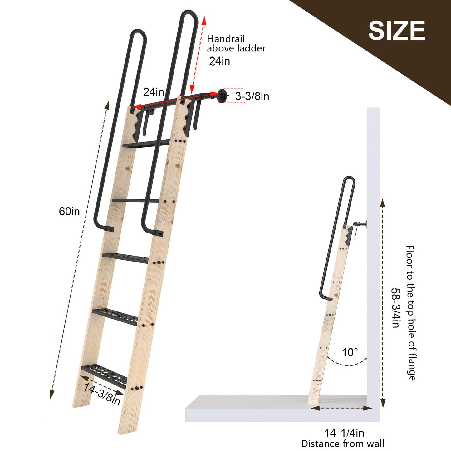 LKCBITION 60inch Knotty Pine Wood Library Ladder with Black Metal Step and Handle, Includes 24inch Rustic Black Wall Mount Pipe Railing with Hooks(Suitable Installation Height 58-3/4")