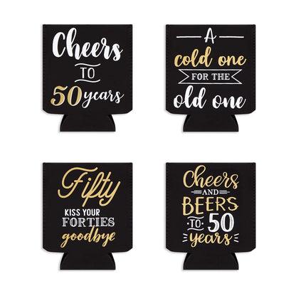 Sparkle and Bash 50th Birthday Can Cooler Sleeves - Medium, Black & Gold, 12-Pack - Insulated Neoprene Holder for 12 Oz Cans, 50th Birthday Party Favors & Decorations