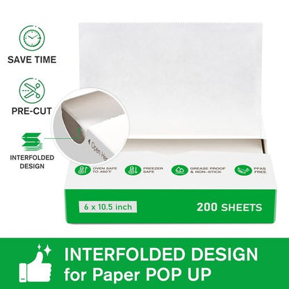 EcoDispose Precut POP UP Deli Paper Sheet Pack of 200, Interfolded Heavy Paper for Food Wrap and Serving (6" x 10-1/2", White）