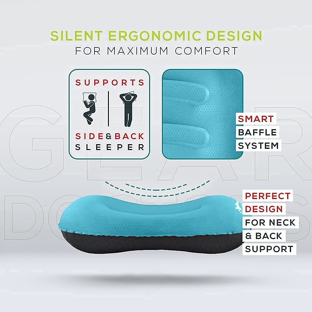 Gear Doctors Ultralight 17oz Apollo-Air Sleeping pad + Teal Anti Slip Camping Pillow Duo, 5.2 R-Value 4 Season Air Mattress with Ergonomic Ultralight Pillow The Size of A Soda Can