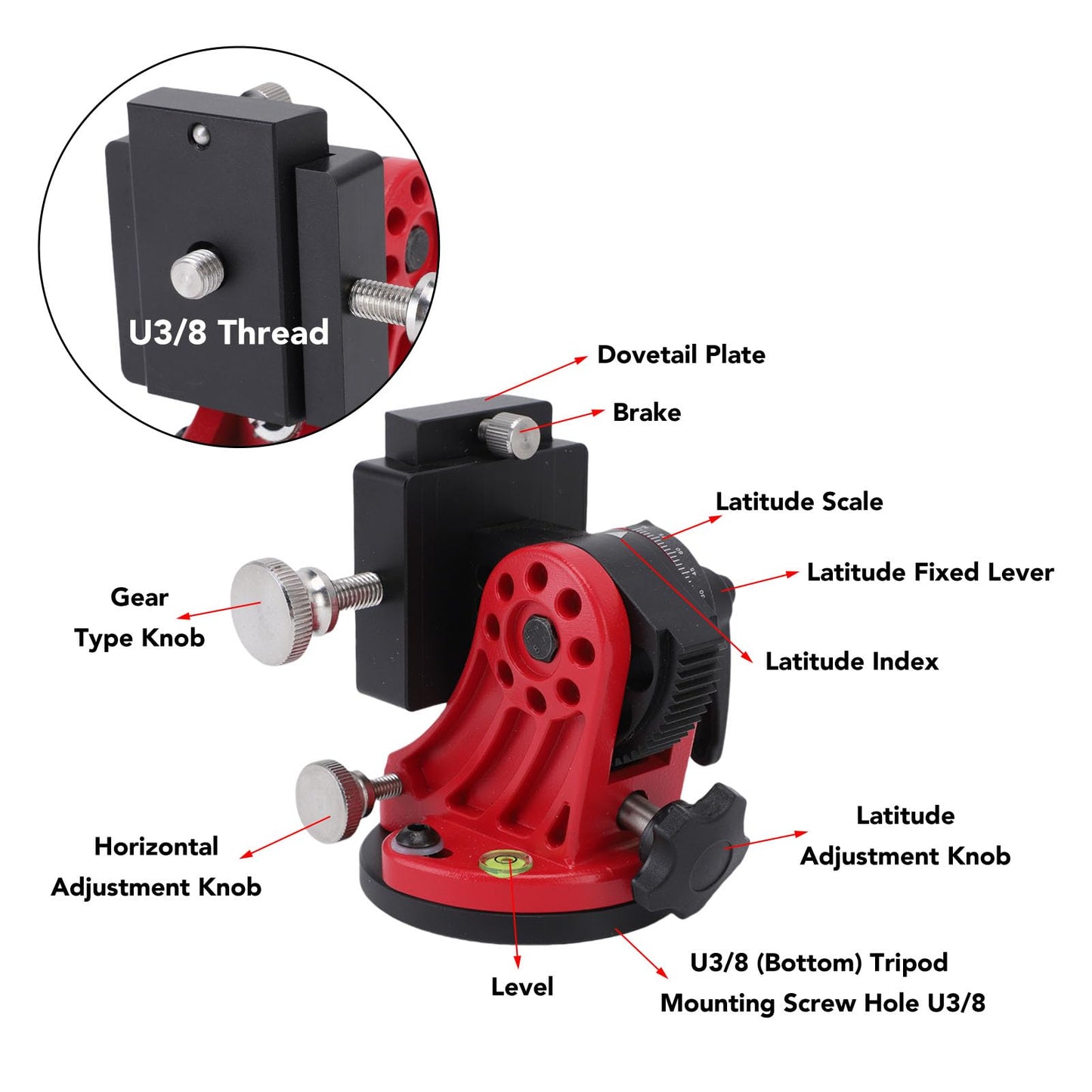 fosa Latitude Adjustment Base for Adults Astronomy, Telescope Tripod 3/8 Inch 0-90 Degree Adjustable Equatorial Mount, Equatorial Wedge Telescope Mount Latitude Base (Black Red)