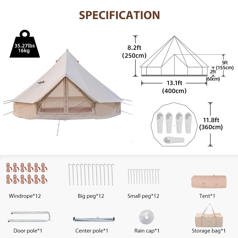 Bell Tent with Stove Jack, Spacious 13.1ft Family Glamping Yurt, 4-6 Person, 4 Season, Easy Setup, Waterproof, Ventilated Outdoor Shelter (13.1ft(Beige))