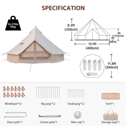 Bell Tent with Stove Jack, Spacious 13.1ft Family Glamping Yurt, 4-6 Person, 4 Season, Easy Setup, Waterproof, Ventilated Outdoor Shelter (13.1ft(Beige))