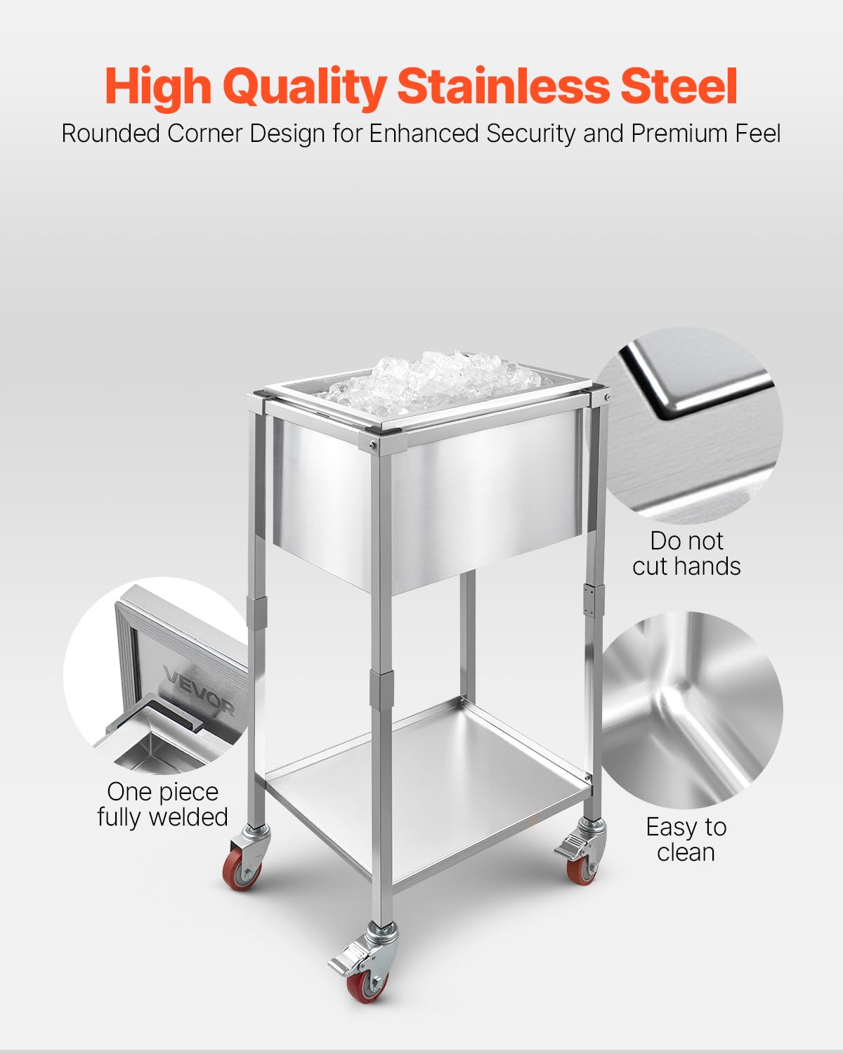 VEVOR Rolling Ice Chest Cooler Cart, Stainless Steel Cooling Bin on Wheels, 32.8 Quart Outdoor Stand Up Cooler Trolley with Shelf, for Patio Backyard Party Bar Cold Drinks(22" L x 16" W x 38" H)