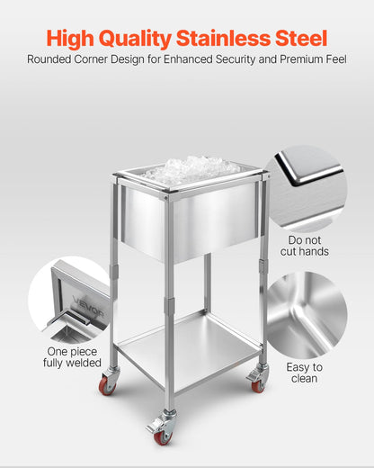 VEVOR Rolling Ice Chest Cooler Cart, Stainless Steel Cooling Bin on Wheels, 32.8 Quart Outdoor Stand Up Cooler Trolley with Shelf, for Patio Backyard Party Bar Cold Drinks(22" L x 16" W x 38" H)