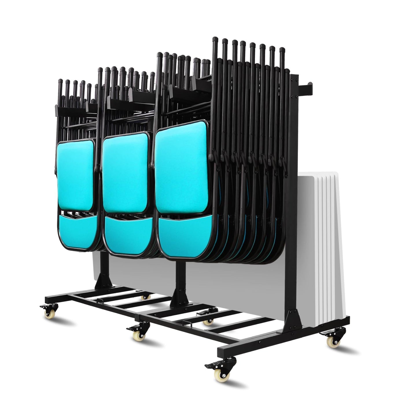 Folding Chair Cart Holds 42 Chairs, 500-lb Capacity Heavy-Duty Folding Chair Rack with Locking Rubber Wheels for Churches, Banquets, and Weddings