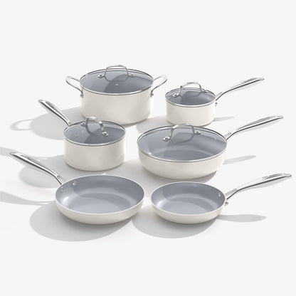 FELAMP Ceramic Nonstick Cookware Set, 10-Piece Non Toxic Pots and Pans Set with Glass Lids, PFOA-Free Healthy Kitchen Ware, Induction Compatible & Oven Safe, Easy Clean Dishwasher Safe - Cream White