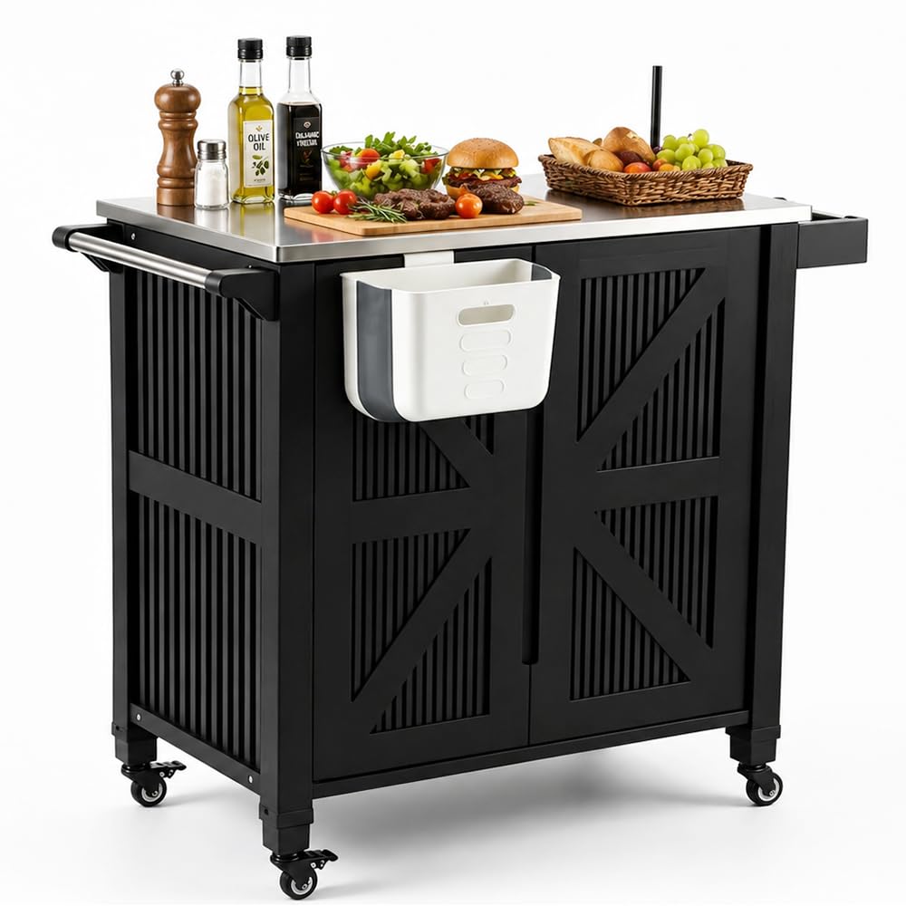 Nice C Grill Cart with Wheel, Outdoor Kitchen Island, Outdoor Grill Station Bar Cart with Stainless Steel Tabletop, Dining Cart Table Storage Cabinet, Grill Table for BBQ Food Prep