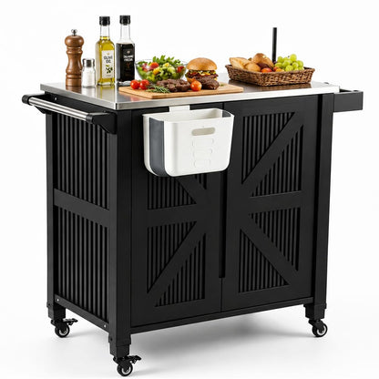 Nice C Grill Cart with Wheel, Outdoor Kitchen Island, Outdoor Grill Station Bar Cart with Stainless Steel Tabletop, Dining Cart Table Storage Cabinet, Grill Table for BBQ Food Prep