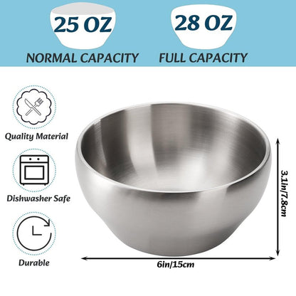Youeon 3 Pack 28 Oz SUS304 Brushed Stainless Steel Bowls, Double Wall Insulated Bowls, Stainless Steel Soup Bowl for Cereal, Ice Cream, Noodle, 6 Inch Bowl Set for Serving, Dishwasher Safe