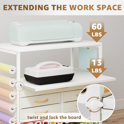 LUCKUP Organization and Storage Craft Table for Cricut Machines, Rolling Cart Cabinet with Extend Tabletop, 51 Vinyl Roll Holders, 5 Drawers & Heat Press Workstation