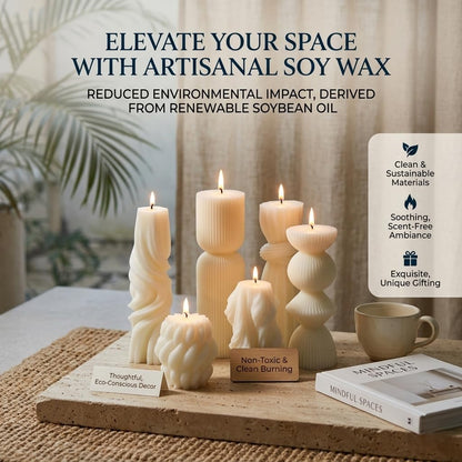 6 Pcs Small Handmade Ribbed Pillar Candle Set, Soy Wax Modern Home Decor for Living Room Bedroom, Aesthetic Table & Shelf Decor, Perfect Housewarming Gift (White, Small)