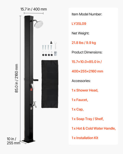 VEVOR Solar Shower, 9.2 Gal, 6.4FT Showerhead Height Outdoor Shower, Black, with Handheld & Foot Faucet, Hot & Cold Water Adjustment, Freestanding for Backyard Poolside Beach Pool