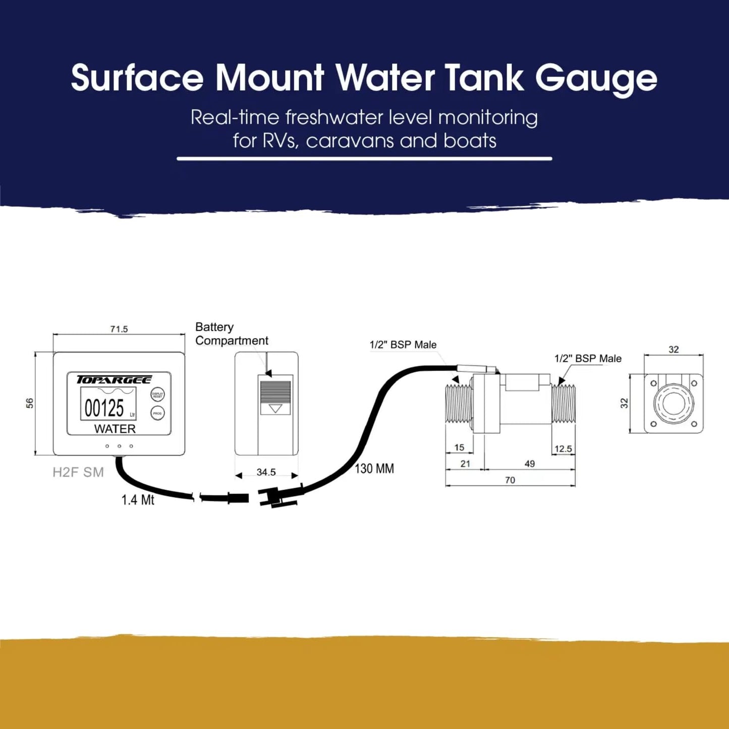 Topargee Surface Mount Water Tank Gauge - Real-Time RV, Caravan & Boat Accessory - Accurate RV Water Tank Level Indicator - Tracks Flow (Liters/Gallons), No Drilling, Compact Display, Battery Powered