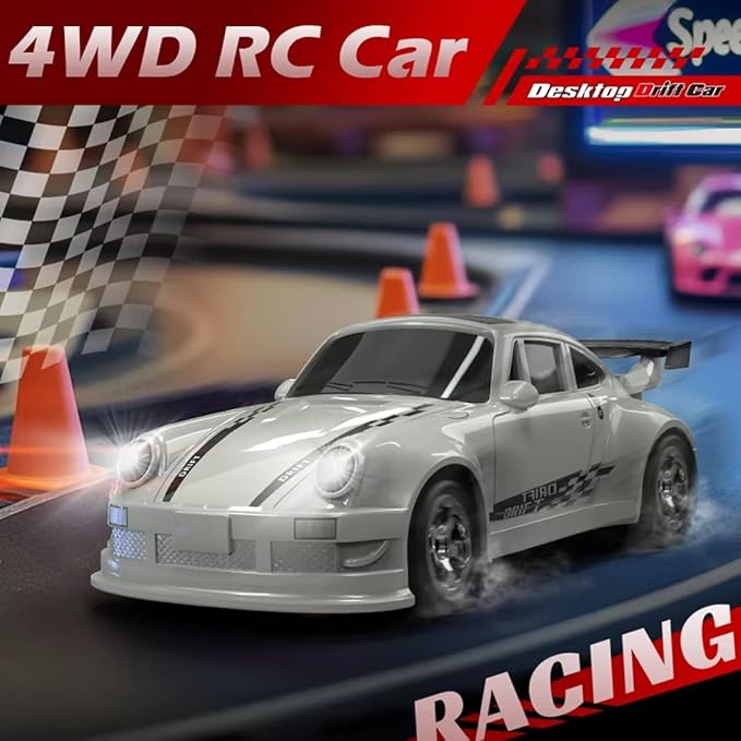 1/64 Scale 2.4G High Speed Drift RC Car Remote Control Drift 4WD Mini Lights System Desktop Drift Car for Adults (Blue)