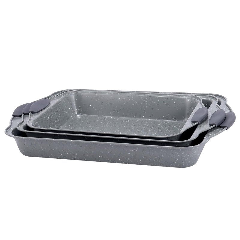 Anveena 3-Piece Nonstick Kitchen Oven Baking Pans - Premium & Stylish Non-Stick Steel, Commercial Grade Restaurant Quality Metal Bakeware with Red Silicone Handles - Easy to Clean gray