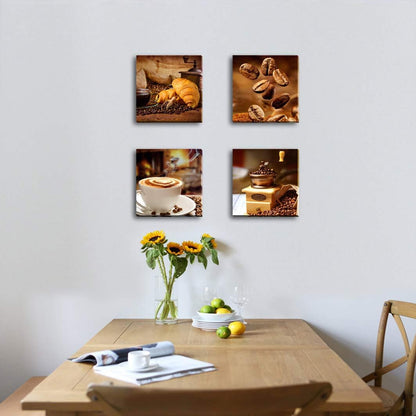 Coffee Theme Canvas Wall Art, Kitchen Decor Pictures, 4 Panel Set, Brown，Canvas wall art prints - charming images of coffee cups, croissants, coffee beans and grinders