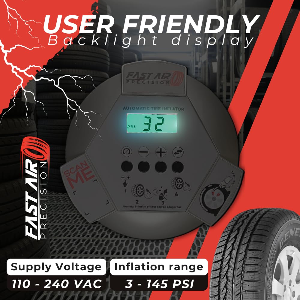 Fast Air Precision Automatic Tire Inflator Wall Mountable Pressure Gauge LCD Display for All Vehicule an Truck Tires Heavy Duty Use, for Dealerships, Garages, Tire Shops and More.