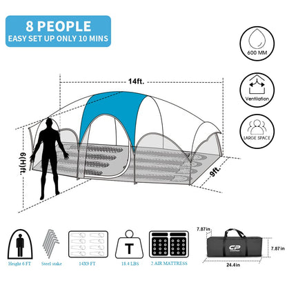 CAMPROS CP Tent 8 Person Camping Tents, Weather Resistant Family Tent, 5 Large Mesh Windows, Double Layer, Divided Curtain for Separated Room, Portable with Carry Bag - Sky Blue