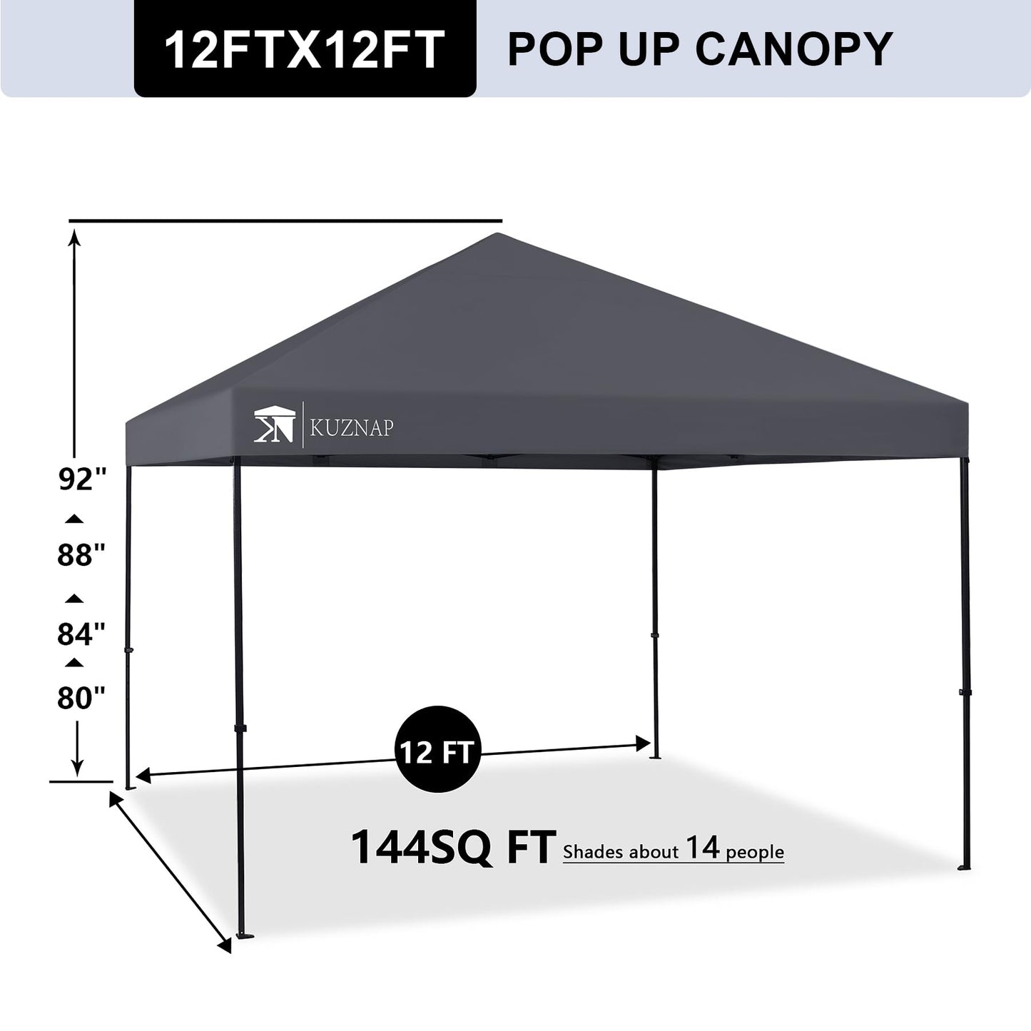 KUZNAP 12’x12’ Pop up Canopy Tent Patented EZ Set up Instant Outdoor Canopy with Wheeled Carry Bag Bonus 4 Weight Sandbags, 8 Stakes and 4 Ropes， Grey