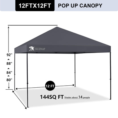 KUZNAP 12’x12’ Pop up Canopy Tent Patented EZ Set up Instant Outdoor Canopy with Wheeled Carry Bag Bonus 4 Weight Sandbags, 8 Stakes and 4 Ropes， Grey