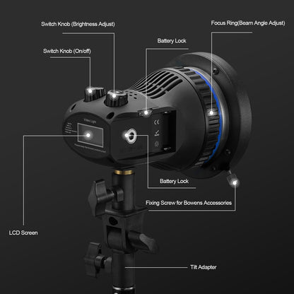 Wellmaking 80W Portable LED Light Continuous Light COB Spotlight Video Light CRI 97+ Dimmable Lightweight Noiseless Fresnel Lens AC/DC Power Supply Bowens Mount Portable Light for Photography