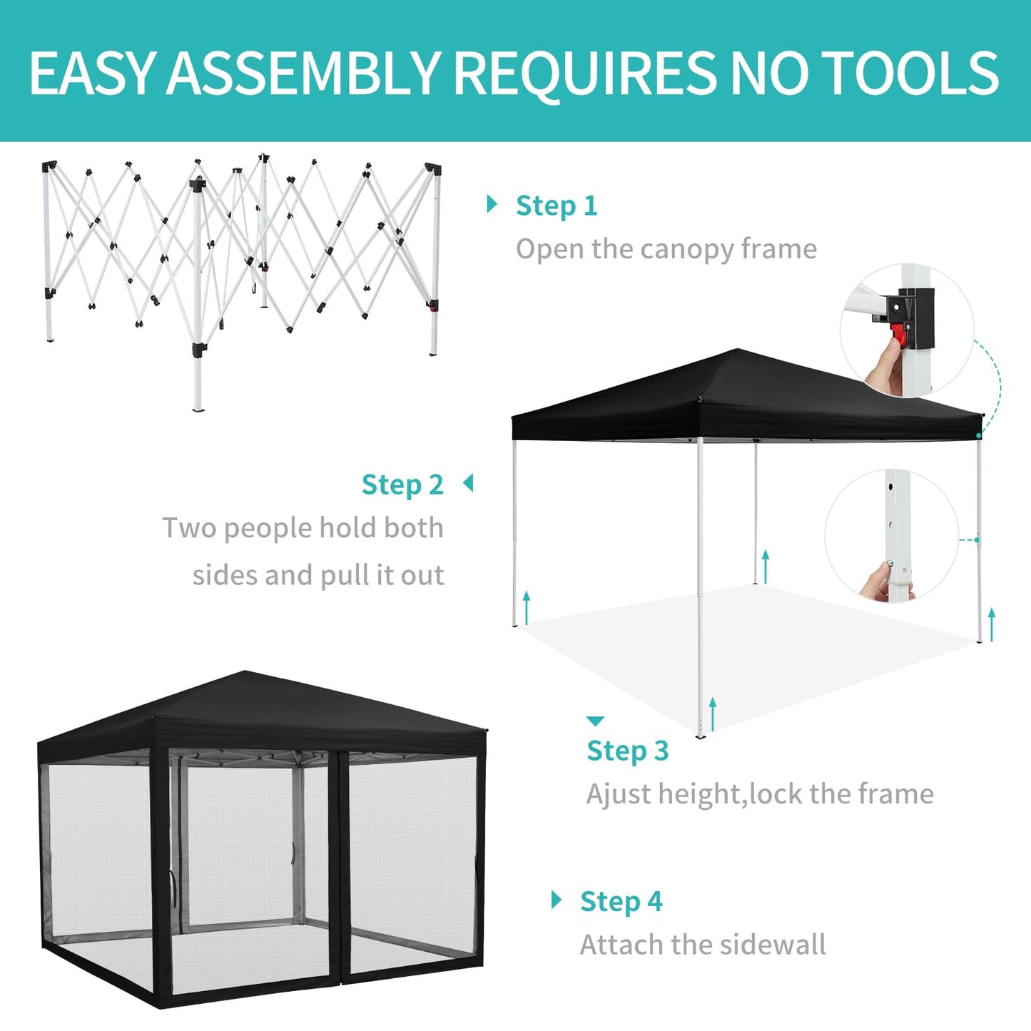 10 x 10 FT Pop Up Canopy, 3 Height Adjustable Instant Canopy with Mosquito Netting, Portable Screen Shelter with Wheeled Carry Bag, Heavy Duty Sun Shade for Patio, Backyard, Black
